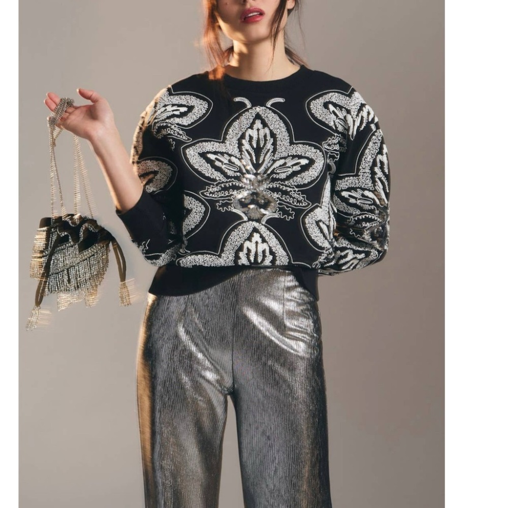 Anthropologie Ollari New York Black/White  Sequined Embellished Sweater Size:M